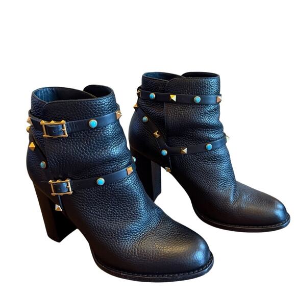 Valentino Garavani Rockstud Turquoise Pebbled Leather Ankle Boots EU 39.5 US 9.5 - Picture 1 of 13